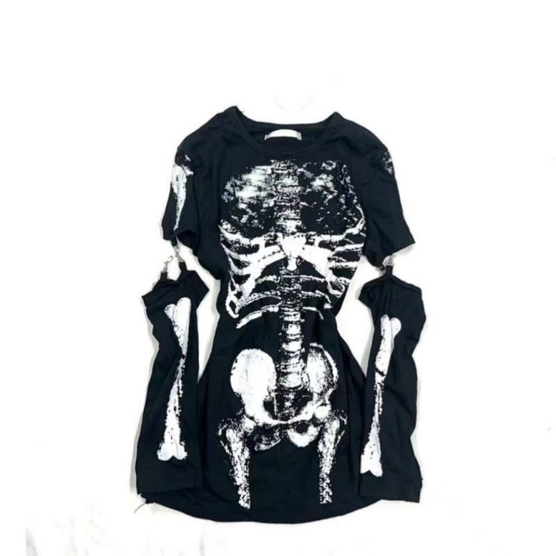 Vintage Fashion Subculture - Gothic-Skelett-Grafik-T-Shirt mit abnehmbaren Ärmeln für Damen,