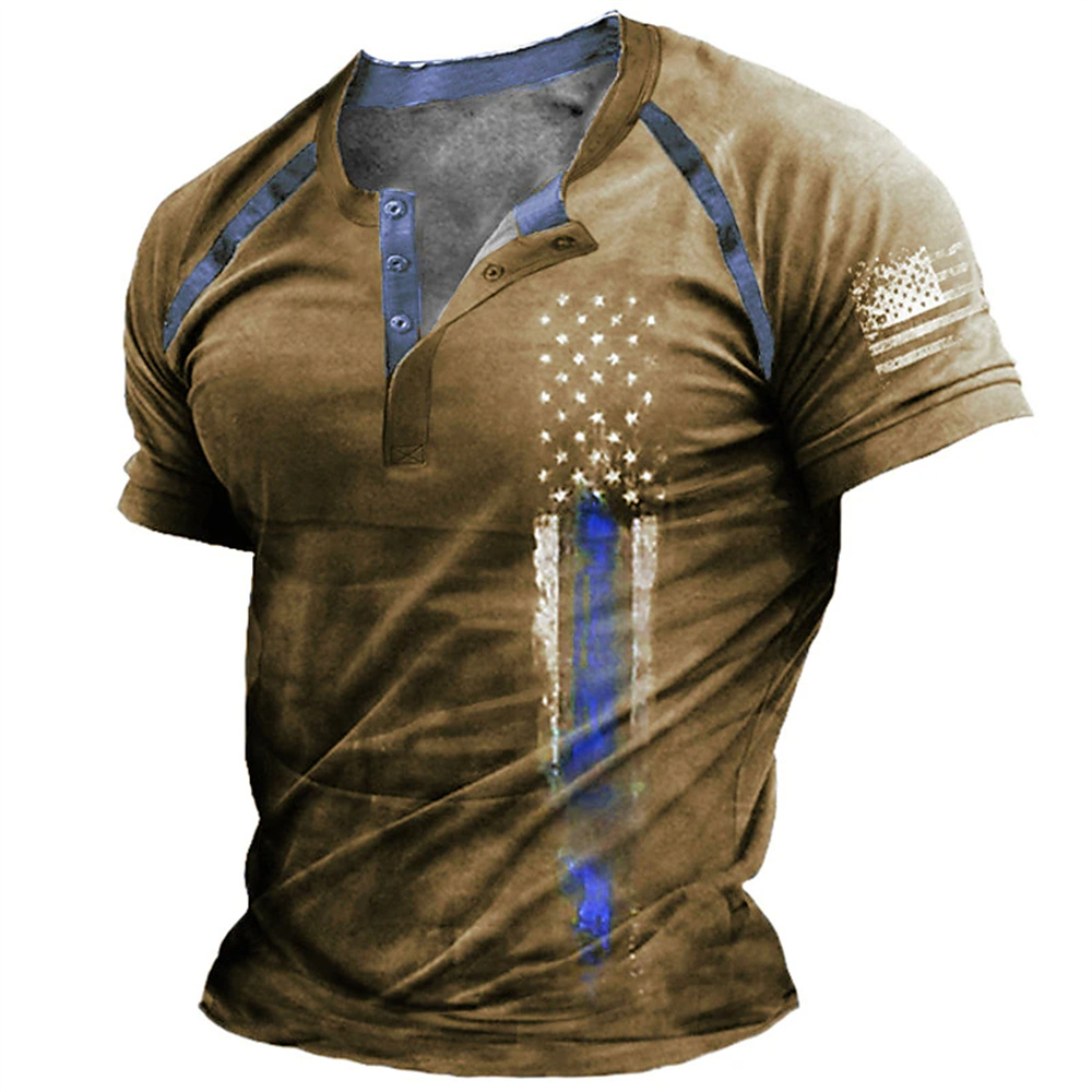 Vintage Fashion For Mens - Lustiges 3D-amerikanische-Flaggen-Print Herren-Henley-Shirt, modisches Henley-Kragen-Kurzarmshirt, Sommer-Streetwear,
